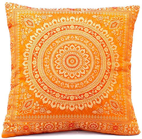 Ruwado Handgewebt und Handgefertigt Indische Banarasi Seide Kissenbezug, Dekokissen - Mandala Muster mit unsichtbarer Reißverschluss - 40 x 40 cm | 16 x 16 Zoll, Ocker