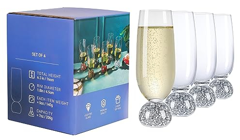 Soetai Champagne Flutes, Set of 4 Lead-Free Crystal Glasses, 7 Oz Champagne Glasses,Clear Glasses Set, Bar Glassware,Ideal for Parties,Wedding,Christmas,Durable Reusable glassesCrushed Diamonds