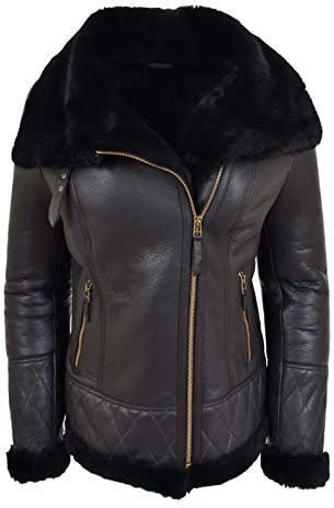 Divergent Retail DR533 Fliegerjacke für Damen, echtes Schaffell, Schwarz, Schwarz , 44
