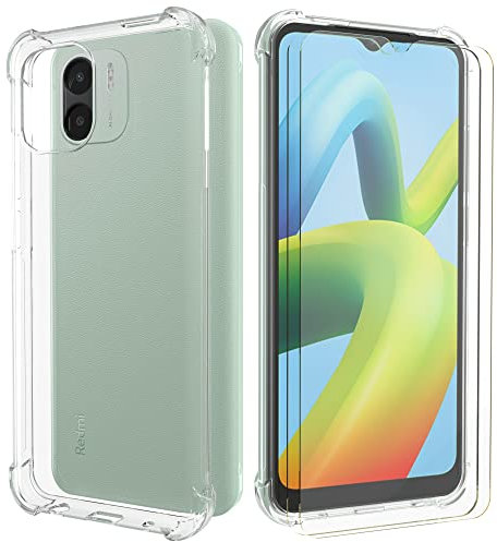 FUNHULLUN Coque Compatible avec Xiaomi Redmi A2 / Redmi A1 avec Pack de 2 Film Verre trempé,Transparent Silicone TPU Air-Cushion Antichoc Etui pour Xiaomi Redmi A2 /A1