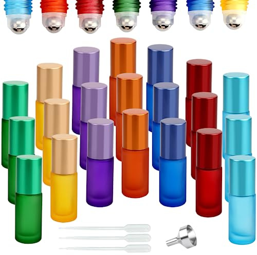 DKBT Roll on Glasflaschen für ätherisches öl 21 Stück ätherische öle Roll on Flasche Leer 5ml mit Edelstahl Roller Bällen für ätherische Öle,Parfüm,Kosmetika,Massagen (7 Farbe)