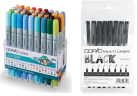 COPIC Ciao Marker 36er Manga Starter Set, alkoholbasierte Allround Layoutmarker & Multiliner Set schwarz, 8 Stifte in 8 verschiedenen Strichstärken mit wasserfester Pigmenttinte