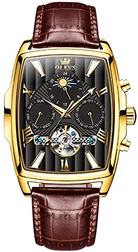 OLEVS Herren-Armbanduhr, quadratisch, luxuriös, automatisch, selbstaufziehend, Skelett, braun, atmungsaktiv, Lederband, Kleid, mehrere Kalender, wasserdicht, Mondphase, stilvolles Geschenk, Goldfarben