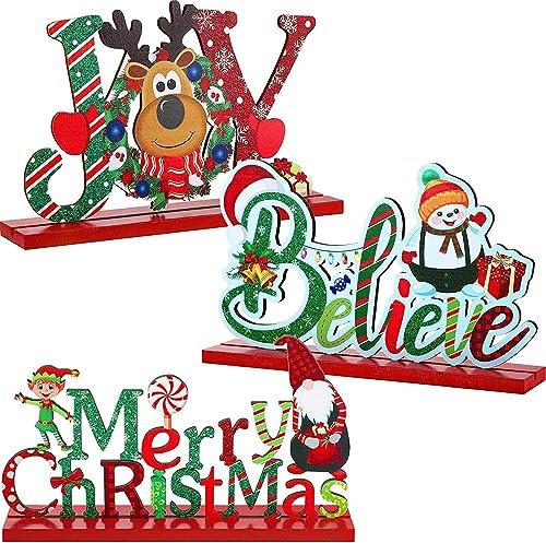 LATERN 3 Stück Weihnachts Tischdekorationen, Hölzern Tisch Weihnachtsschild Merry Christmas Joy Believe Zeichen Schneemann Rentier Herzstück für Weihnachten Urlaub Party Bauernhaus Dekoration