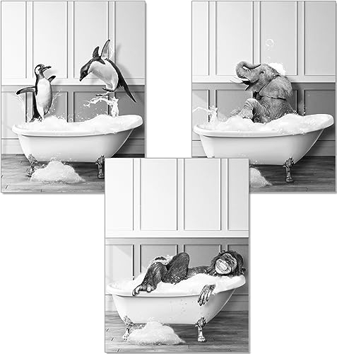 artpin® Poster Badezimmer Deko Bilder Bad schwarz-weiß DIN A4 | WC Deko Wandbilder Affe Elefant Pinguine B14