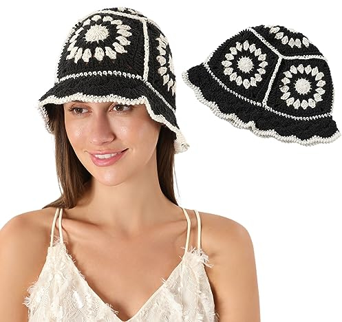 Fiewmay Boho-Hut für Damen, gehäkelt, Blumenmuster, handgefertigt, hohl, handgestrickt, lässiger Strandhut für Urlaub, Klassisches Schwarz, Einheitsgröße