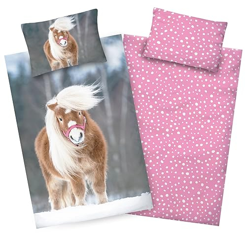 Aminata kids Biber Kinderbettwäsche 100x135 Mädchen Pferde rosa Baumwolle mit YKK Reißverschluss Kinder-Wende-Bettwäsche-Set Pony-Motiv