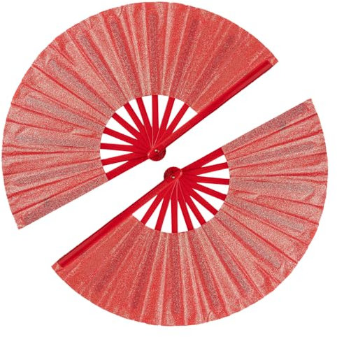 Tkocisa 2 Pack Large Folding Hand Fans Clack Handheld Fan for Party, Glitter Festival Hand Fan Large Rave Folding Hand Fan for Concert, Party, Festival, Halloween or Home Decorations(Red)