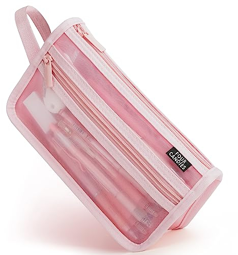 Four Candies Federmäppchen Transparent Federtaschen Farbig Mäppchen Etui Stifte, Groß Etui Schule Zippered Desk Organizer Schlamppermäppche Damen Tasche Halter Schreibwaren, Rosa