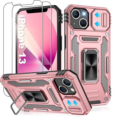 Jshru for iPhone 13 Case with Screen Protector [2 Pack] and Slide Camera Cover,Military Grade Shockproof iPhone 13 Phone Case,Ring Kickstand Phone Cover for iPhone 13,Rose Gold