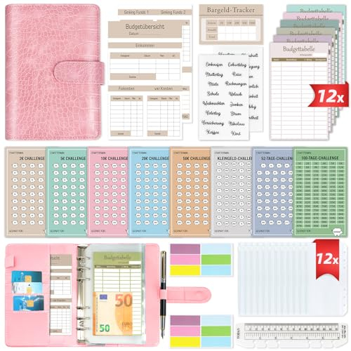 Budget Planner Deutsch - Bugetplaner Deutsch Startset mit 8 Sparchallenges - Finanzplaner Haushaltsbuch - Geld Organizer Sparbuch - Cash Stuffing - Budget Binder A6 Leder - Sparen mit Umschlagmethode