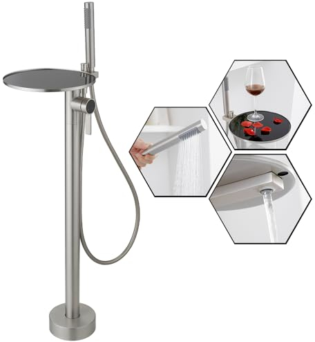 BATHLAVISH Freistehende Badewannenarmatur, gebürstetes Nickel, mit Ablage, Bodenmontage, Wannenfüller, Duscharmaturen mit Handmessing-Mischarmaturen, Ständer, Duschsystem für Badezimmer, Badewanne