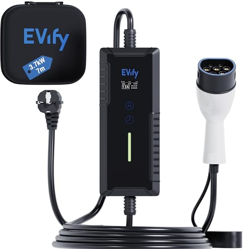 EVify Ladekabel Typ 2 Schuko 3,7kW 7M 16A für Elektroauto & Hybrid inkl. Kabeltasche • Stromstärke/Ladeleistung einstellbar 6|8|10|13|16A, ideal für PV-Anlage