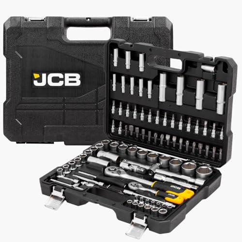 JCB 94 Piece Socket & Bit Set - Chrome Vanadium Steel, 72-Tooth Ratchet, 5° Swing, Blow Mold Case, Spanners & Bits for Mechanical and Maintenance Use - 3 Year Warranty