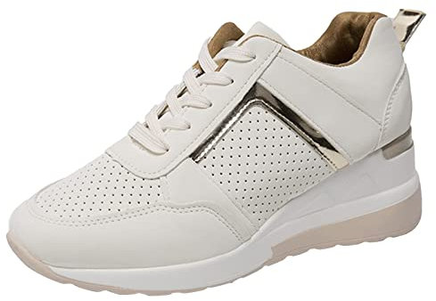 Zapatillas de plataforma para mujer - Zapatos con cordones para mujer - Tacón cuña - Amortización - Calzado de ocio - Antideslizantes - Zapatillas de marcha cómodas para poner - Calzado de, beige, 38