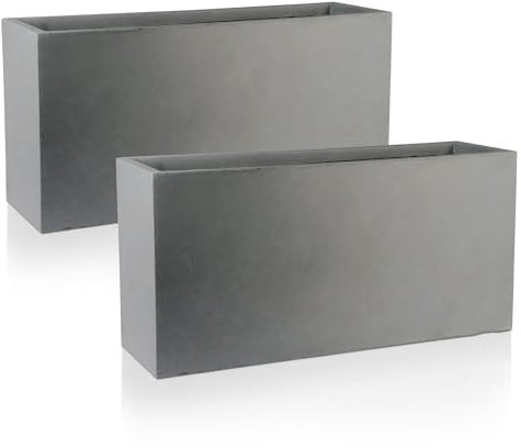 IDEALIST Set of 2 65cm Large Trough | Grey Reinforced Stone Rectangle Plant Pot | Garden Planters with Drainage Holes L65 W19 H30 cm, 21 litres