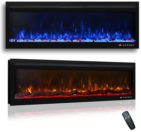 Mystflame BI50R - Chimenea Eléctrica de Pared, Estufa con 13 Colores de Llama y Luz Inferior, Lecho de Combustible de Troncos y Cristales, Termostato 750/1500W, Control Remoto y Pantalla Táctil