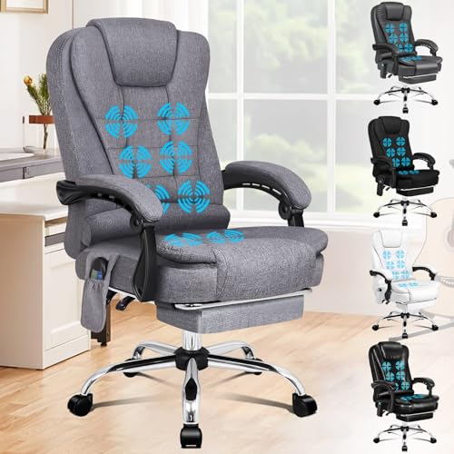 ALFORDSON Bürostuhl mit ergonomischer Lordosenstütze, Schreibtischstuhl mit Armlehne und Rückenlehne, Drehstuhl mit Massagefunktion, Leinenstoff, höhenverstellbar, Grey, Leinen