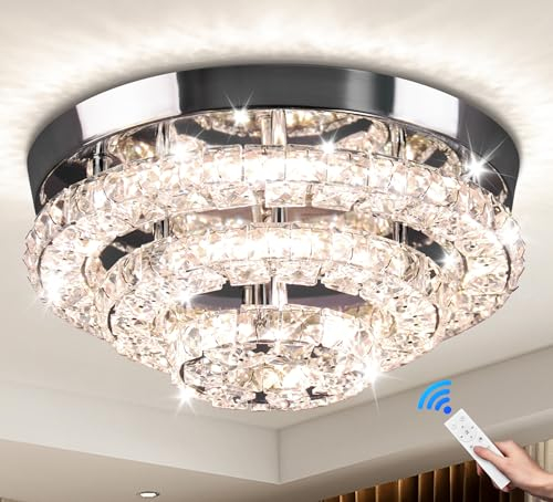 Cainjiazh 11.8 Moderne Kristall-Kronleuchter LED-Kristall-Deckenleuchte Flush Mount Decke Kronleuchter Licht Kronleuchter für Esszimmer Flur Drei-Etagen dimmbar mit Fernbedienung