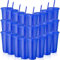 24 Pcs Reusable Cups with Lids and Straws 24 oz Glitter Iced Coffee Tumbler Plastic Travel Mug Cup for Smoothie Juices Birthday Sleepover Party Supplies (Blue)