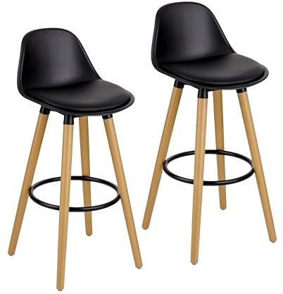 Baroni Home Lot de 2 TabouretS de Bar avec Dossier et Coussin, Haute Chaise avec Repose Pieds - Design Moderne en PU et Bois Acier pour Maison et Restaurant, 40x42x92 cm, Noir, 2 pièces