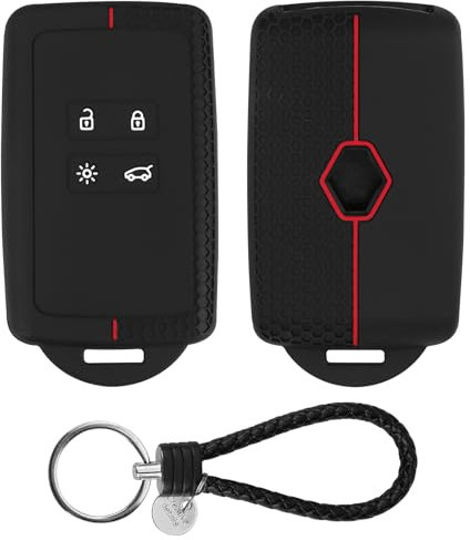 Coque clé de Voiture pour Re-Nault Clio Megane Koleos Kadjar Kangoo Twingo Talisman Captur Espace Dacia Duster, 4 Boutons Silicone Voiture Protection étui Souple Coque Cle(Rouge, avec Corde à Clés)