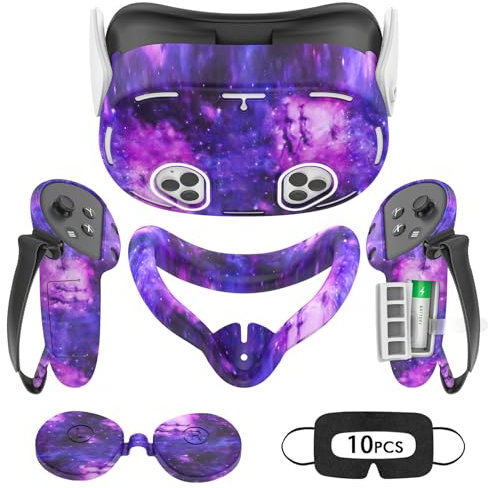 Tyasoleil VR-Silikonhülle, kompatibel mit Meta/Oculus Quest 3S, VR-Zubehör-Set, inklusive Controller-Griff-Lederabdeckung, VR-Schalenabdeckung, Gesichtsabdeckung, Objektivabdeckung und 10