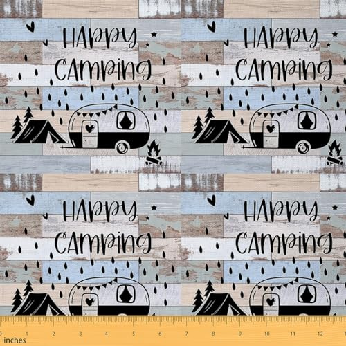 Homemissing Camper Stoff Meterware für Stühle Teal Happy Camping Patchwork Stoffe Polsterstoff Dekor RV Camping Stoff 184x150cm Rustikal Holz Patchwork Stoffe Rustikal Holz