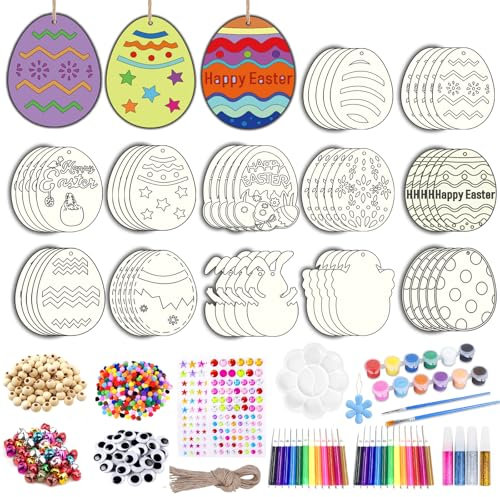 Ostern Basteln Holz, 536 Stück Holzanhänger Ostern zum Bemalen, Osterdeko Basteln Kinder Holz, DIY Anhänger Ostereier Hasen Blume Set mit Aquarellstift, Strass, Deko Schnur, Augen Zum Basteln