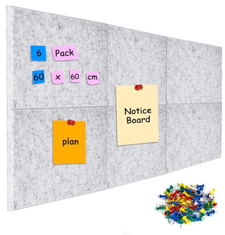 DMJJSD Lot de 6 tableaux d'affichage en feutre de 12 mm d'épaisseur - Avec 60 broches - 30 x 30 cm - Grand tableau en liège - Pour la maison, le bureau, la salle de classe - Gris argenté