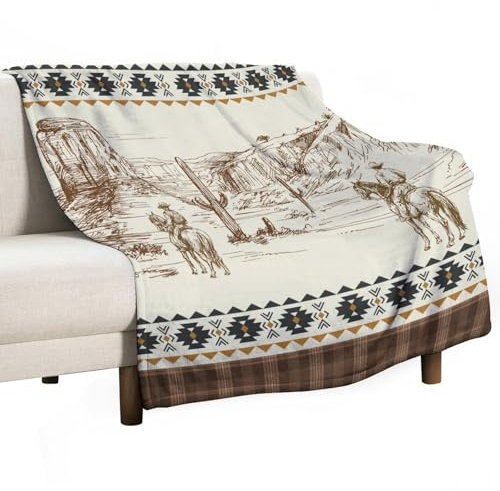 Western Cowboy Blanket Tropical Cactus Desert Riding Horse Brown Vintage Rustic Farmhouse Soft Cozy Lightweight Throw Blanket for Kids Boys Women Bedroom Living Room Dorm Chair Sofa Travel 40x50in