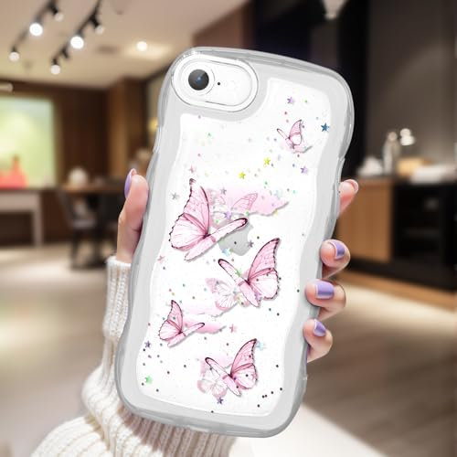 CASBST Compatible with iPhone SE/8/7 Case for Women Girls, Curly Wave Frame with Glitter Pattern, Full Camera Protection, Slim TPU Aesthetic Clear Phone Case for iPhone SE/8/7, White Pink Butterfly