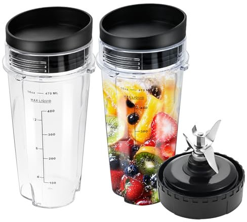 DRELD Blender Cups & 6-Fins Extractor Blade Kit, 5Pcs 16oz Single-Serve Cups with Sip & Seal Lids, Extractor Blade Replacement for Ninja BL660/BL663/BL770/Nutri QB3000 Series