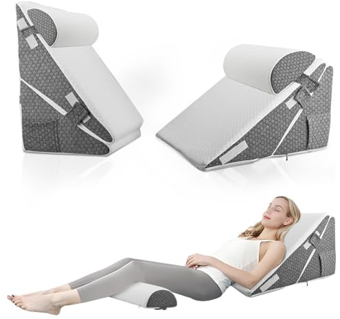 Neulriscn Bed Wedge Pillow, Memory Foam Triangle Wedge Cushion with Headrest for Sleep Apnea, Acid Reflux, Snoring, Adjustable Bed Wedges for Sitting Up in Beds, Back Support Pillows for Leg Elevation