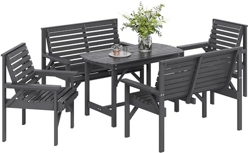 Outsunny 5 Piece Wooden Garden Dining Set for 6, Outdoor Conversation Set with 2 Armchairs, 2 Loveseats and Dining Table with Umbrella Hole for Patio, Balcony, Grey