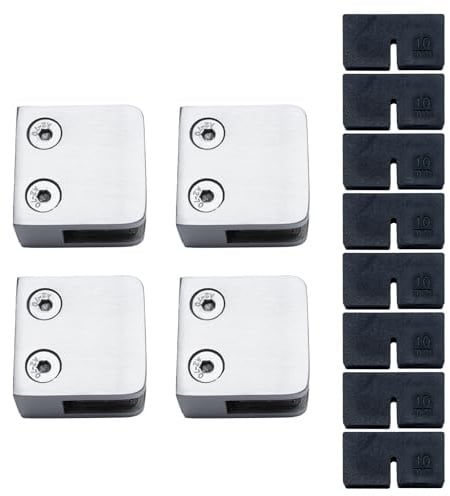 RYPRY 4 Stück Flachboden Glasklemmen 6-10mm ohne Bohren, Edelstahl 304 V2A – Für Glasgeländer, Wände & Rohre mit Gummi-Einsätzen (4mm Glasdicke)