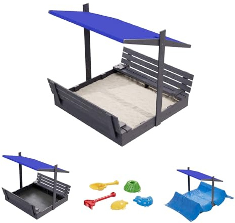 QLS Sandkasten aus Holz 150x150 cm mit Sitzbank Dach und Abdeckung imprägniert für Garten (Blau, 150 cm)
