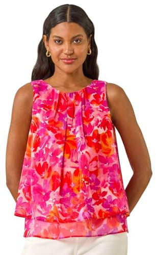 Roman Originals Floral Double Layered Pleated Top for Women UK - Ladies Everyday Holiday Spring Summer Round Neckline Comfy Soft Evening Vacation Work Party - Pink - Size 14