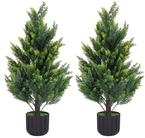 Künstliche Zypressen Baum, 2er Set 90cm - Kunstpflanze Zeder im Inkl. Übertopf - UV Beständig für Outdoor & Indoor - Pflegeleichte Konifere Deko für Garten, Balkon, Wohnzimmer