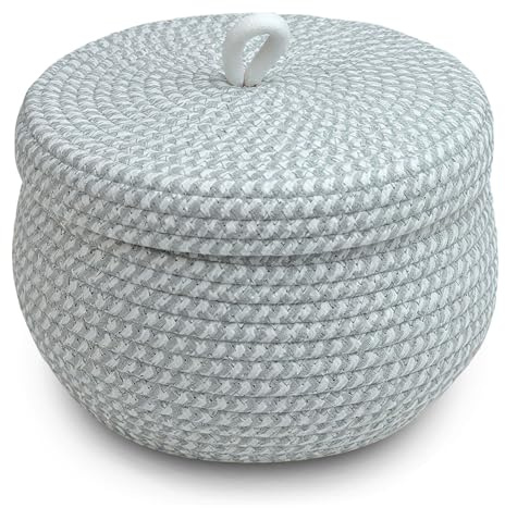 Korb mit Deckel - Aufbewahrungskorb mit Deckel, 23 x 17 cm Baumwollseil Körbchen Geflochten, Aufbewahrung Wäschekorb Klein, Storage Basket für Pflanzen Snacks Handtücher Garn Spielzeugkorb (Grau)