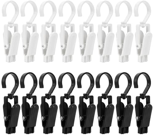 16 Pcs Clothes Pegs Extra Strong, 360°Swivel Vlaundry & Washing Pegs, Plastic Towel Clips with Hooks, Non-slip Hat Hanger, 8 Black 8 White