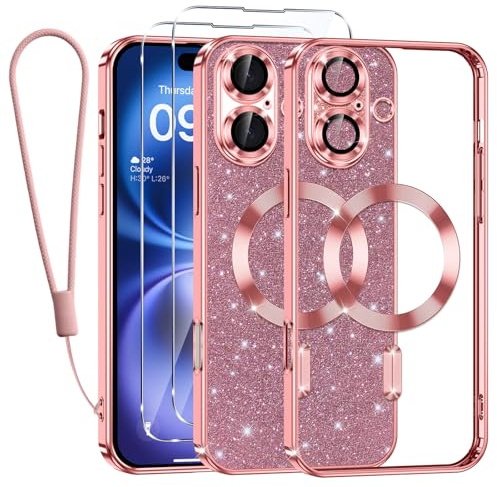 Tikfrlo Glitter Magnétique Coque pour iPhone 16 Plus avec Cordon, Compatible avec MagSafe Antichoc Brillant Paillette Housse Étui Transparent Protection Case avec 2 Verre Trempé pour Femme Rose