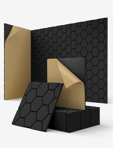 Kuchoow Akustikpaneele Deckenplatten Wabenoptik Selbstklebend Schwarz | 12 Stück selbstklebende Akustikplatten im Waben-Design, zur Schalldämmung & Raumakustik, für Büro, Studio, Wanddekoration