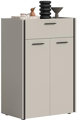 xonox.home – Schuhkommode Emil 75x106x37 cm in Kaschmir Melamin und schwarzen Akzenten – große Schuhkommode im modernen Flur – elegant & bequem