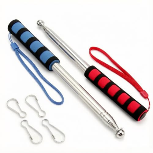 Satiskid 2 mástiles telescópicos de mano de 4 pies, de acero inoxidable, retráctil, portátil, extensible, con clips y cordón para camping, celebración, guía turística, enseñanza