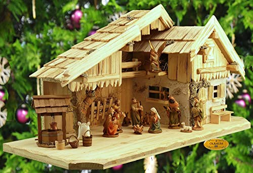 Weihnachtskrippe natur, Alpenländische Krippe mit FIGUREN und BRUNNEN-SET, Massivholz NATUR,