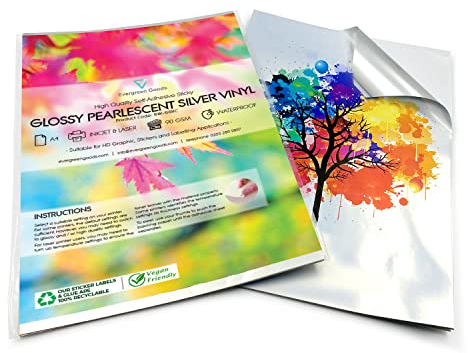 Evergreen Goods 50 Blatt A4 Wasserfest | Selbstklebendes Glänzendes Vinyl in Perlglanzsilber | Tintenstrahl- Und Laserdrucker | Ideal Für Beschriftungen Und Bastelprojekte Zu Hause Im Büro Usw