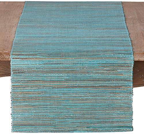 SARO LIFESTYLE 217.TQ14108B Melaya Collection Shimmering Woven Nubby Water Hyacinth Table Runner, 14 x 108, Turquoise