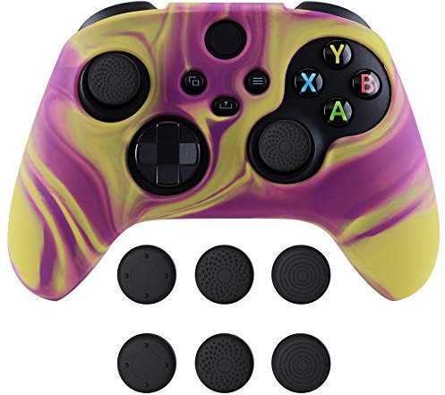 PlayVital Silikon Hülle für Xbox Series X & S Controller,Case Anti-Rutsche Schutzhülle Hülle Griffe Skin Weiches Gummi Grips für Xbox Series X & S Controller(Zweifarbig Lila & Gelb)