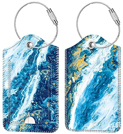[2 Stück] Fintie Kofferanhänger mit Adressschild, Kunstleder Gepäckanhänger ID Etikett mit Edelstahl Drahtseil und Namenschild für Reisetasche Koffer, Meeresblau